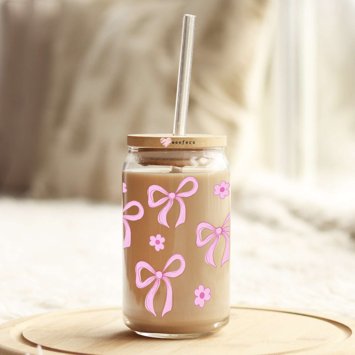 Coquette Light Pink Ribbons 16oz Libbey Glass Can UV DTF or Sublimation Cup Wrap - Decal Transfer Weefers