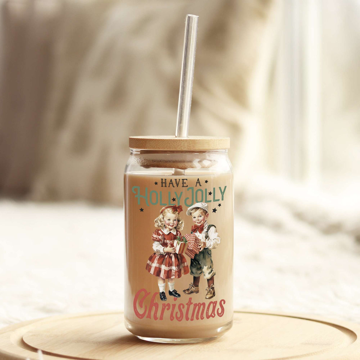 Have a Holly Jolly Christmas Vintage 16oz Libbey Glass Can UV DTF or Sublimation Wrap - Decal Weefers