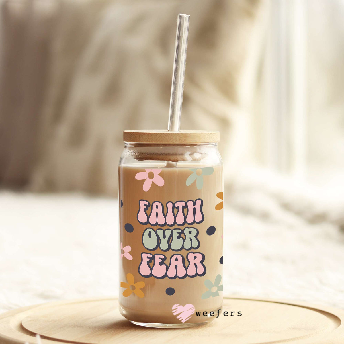 Retro Faith Over Fear 16oz Libbey Glass Can UV DTF or Sublimation Wrap - Decal Weefers