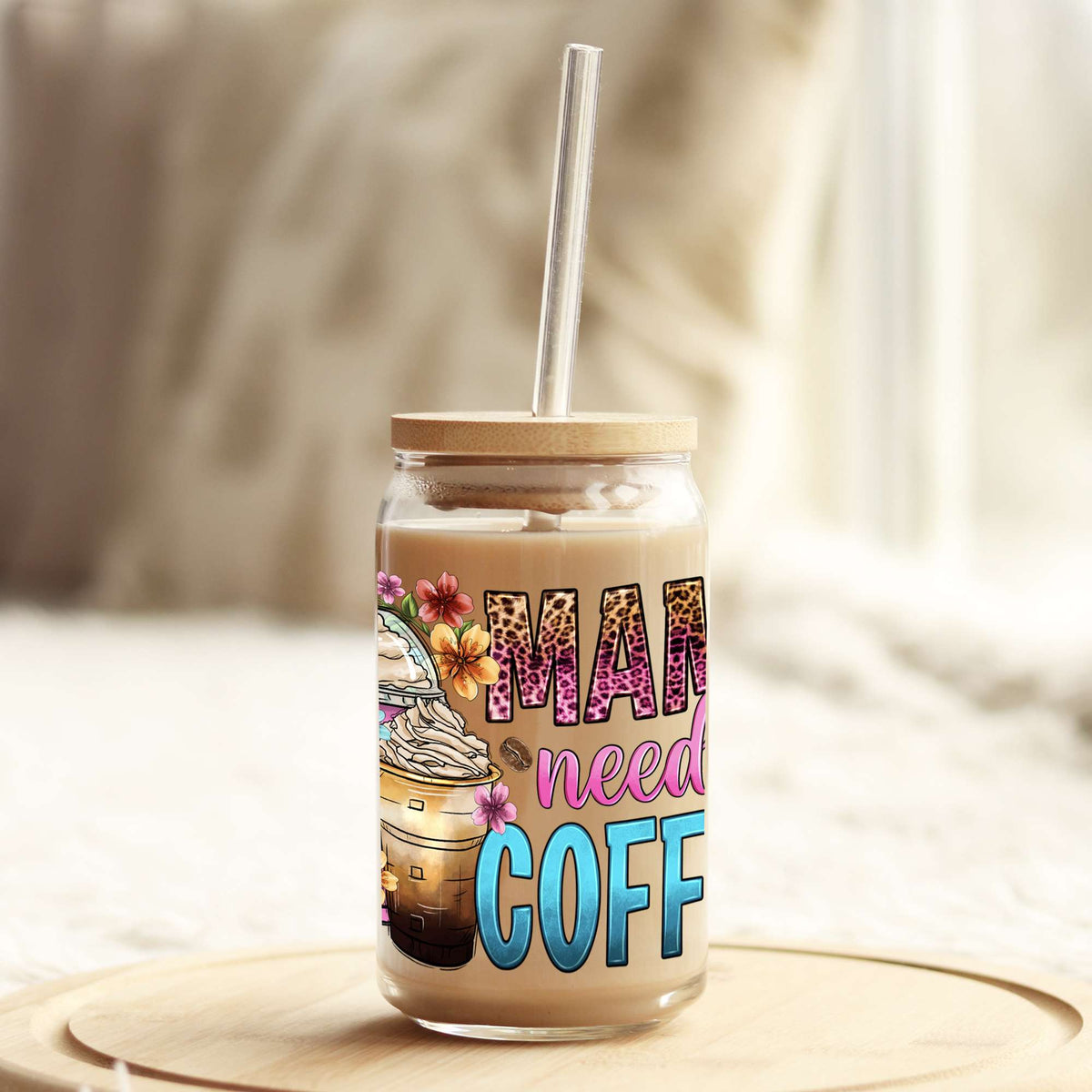 Mama needs a Coffee Western 16oz Libbey Glass Can UV DTF or Sublimation Wrap - Decal Weefers