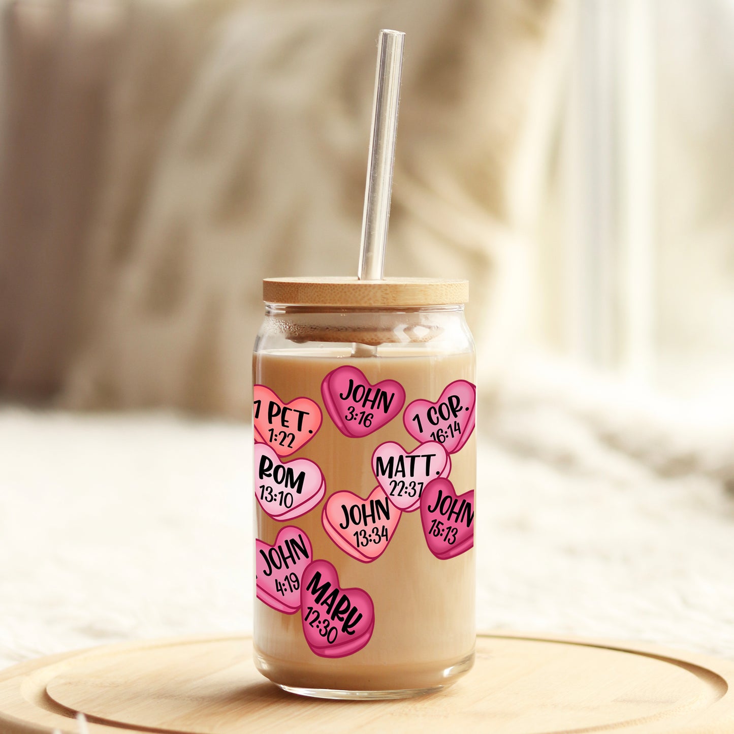 Bible Verses Conversational Hearts Valentine's Day 16oz Libbey Glass Can UV DTF or Sublimation Cup Wrap - Decal Transfer Weefers