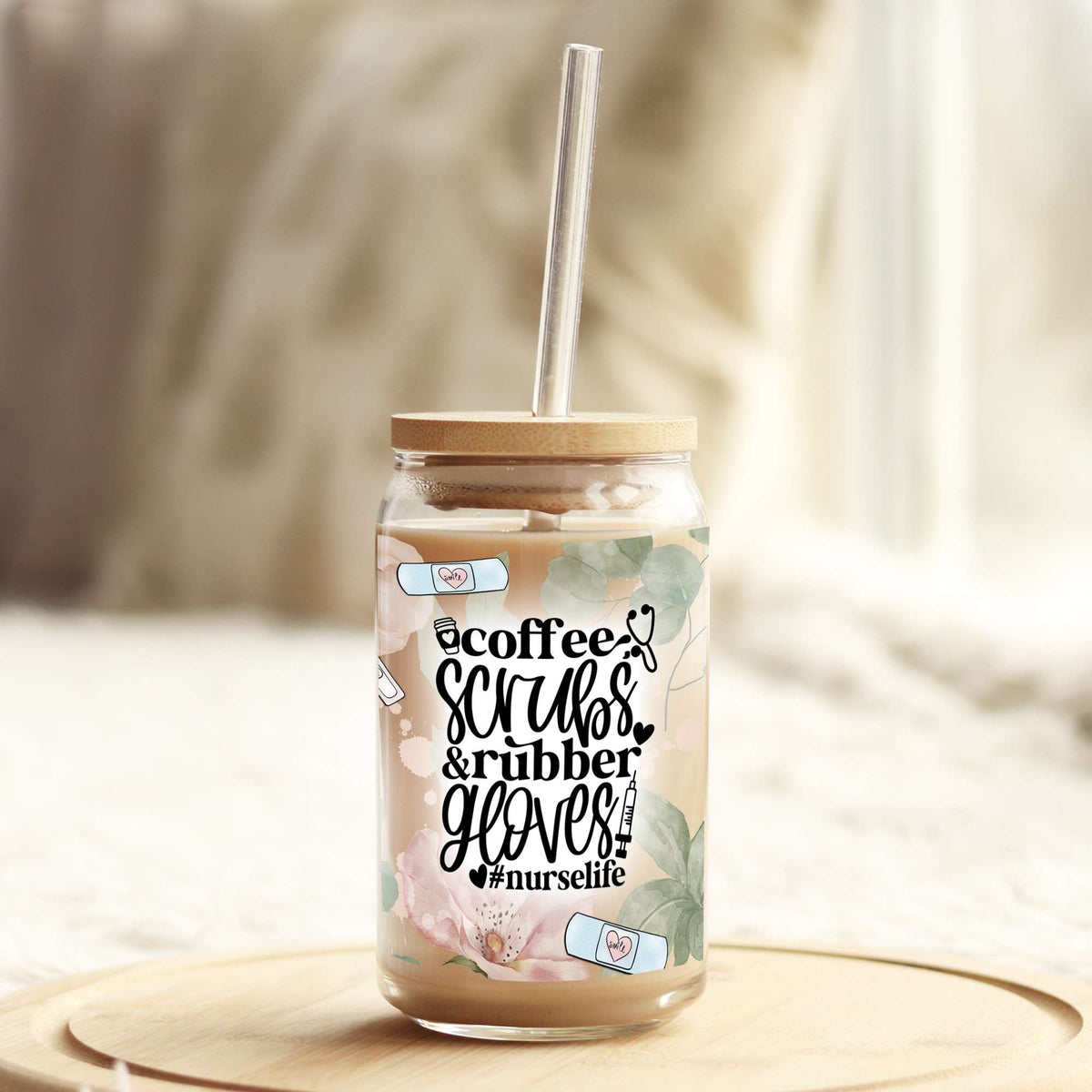 Coffee Scrubs and Rubber Gloves Nurse life 16oz Libbey Glass Can UV DTF or Sublimation Wrap - Decal Weefers