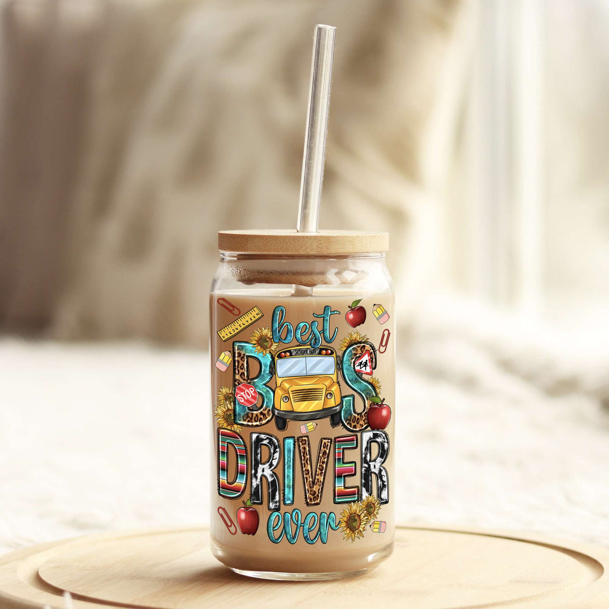 Best Bus Driver Ever 16oz Libbey Glass Can UV DTF or Sublimation Wrap - Decal Weefers