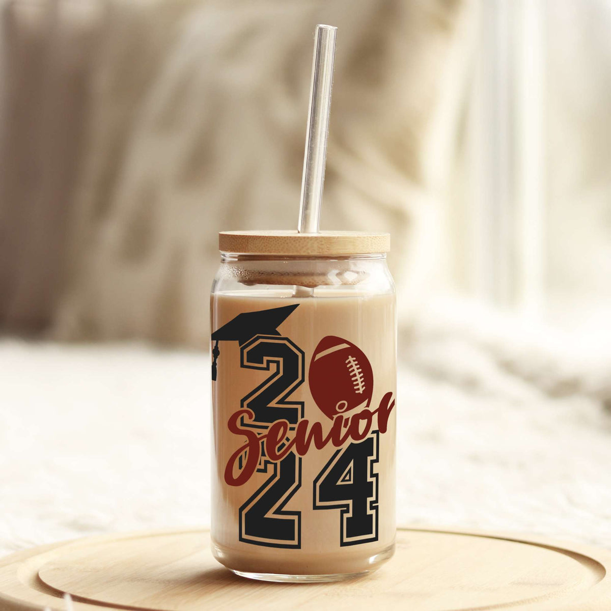Senior 2024 Football Grad 16oz Libbey Glass Can UV DTF or Sublimation Wrap - Decal Weefers