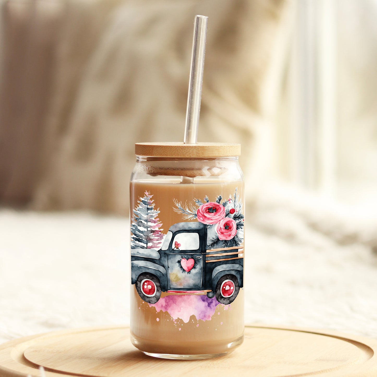 Old School Truck Valentine's Day 16oz Libbey Glass Can UV DTF or Sublimation Cup Wrap - Decal Transfer Weefers