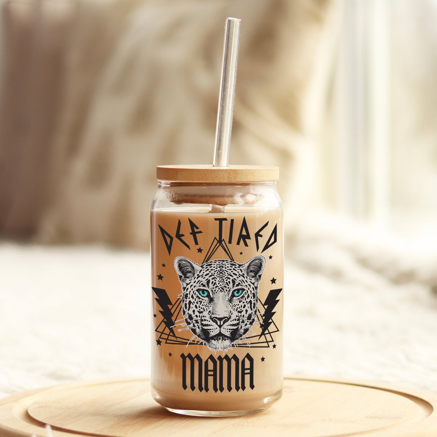 Mama Def Tired Black Cheetah 16oz Libbey Glass Can UV DTF or Sublimation Cup Wrap - Decal Transfer Weefers