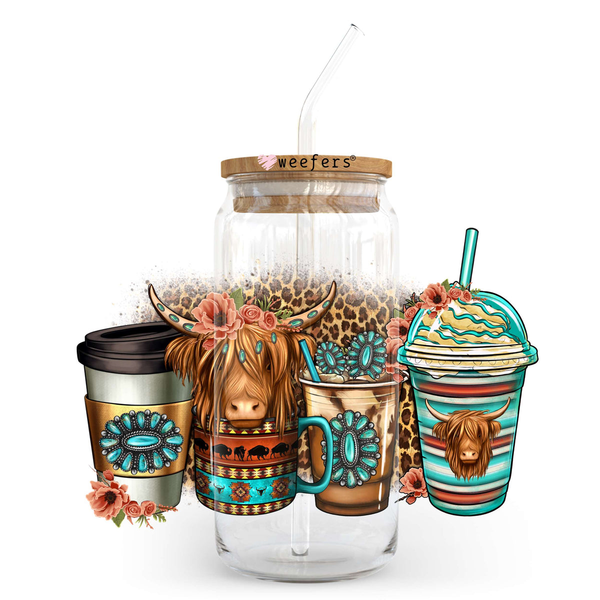 Western Serape Cow 20oz Libbey Glass Can, 34oz Hip Sip, 40oz Tumbler UV DTF or Sublimation Decal Transfer Weefers