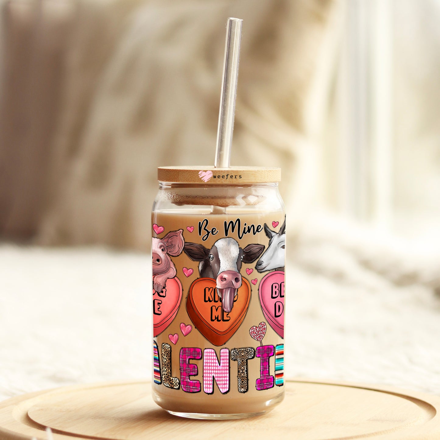 Be My Valentine Cows 16oz Libbey Glass Can UV DTF or Sublimation Cup Wrap - Decal Transfer Weefers