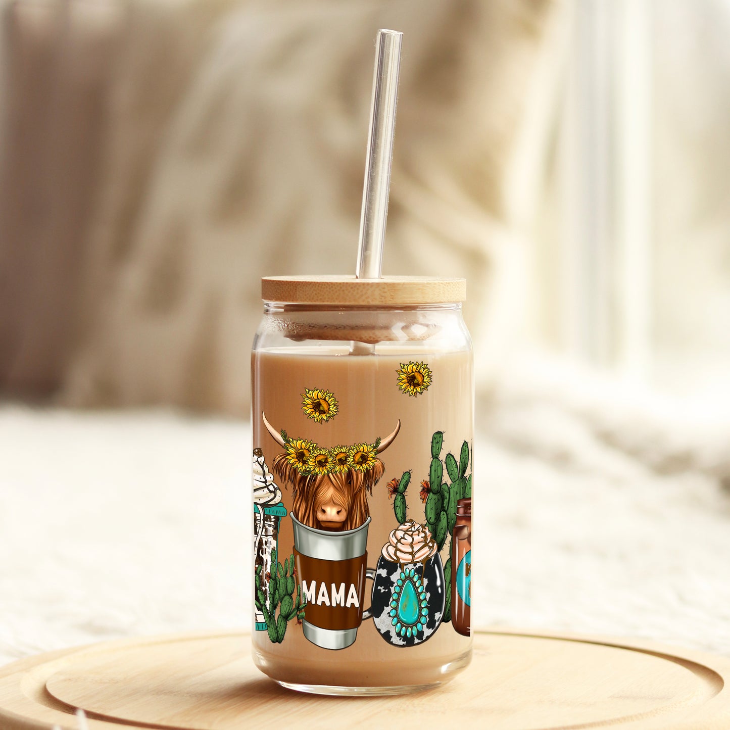 Mama Highlander Latte 16oz Libbey Glass Can UV DTF or Sublimation Wrap - Decal Weefers