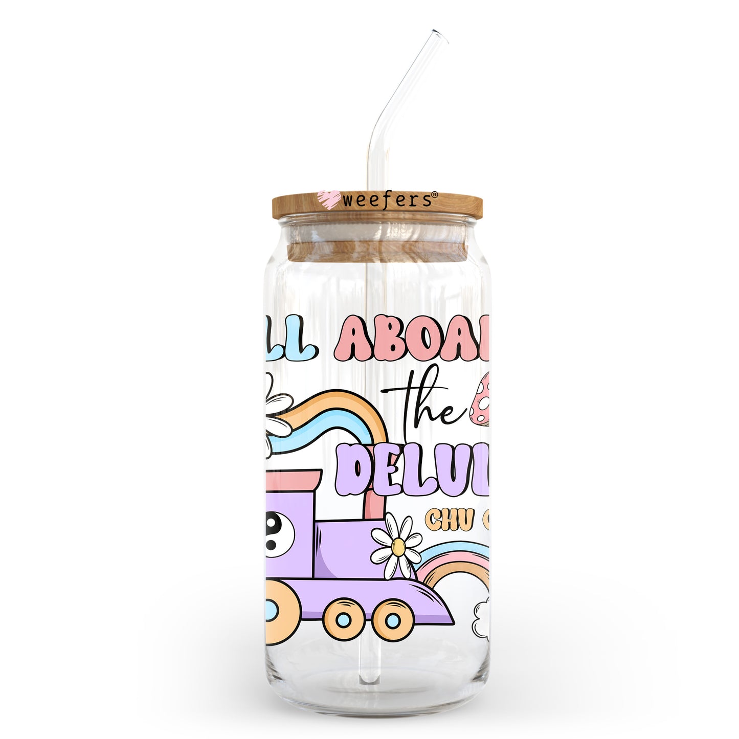 All Aboard the DeluLu Chu Chu 20oz Libbey Glass Can UV DTF or Sublimation Wrap - Decal Transfer Weefers