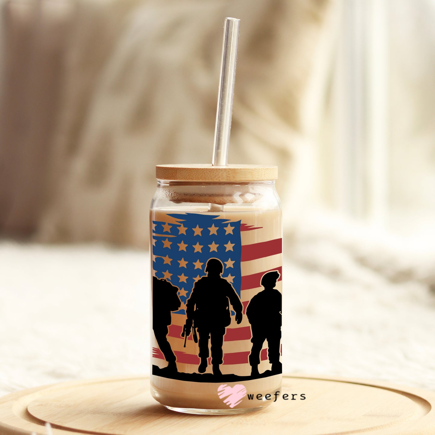 Soldier American Flag 16oz Libbey Glass Can UV DTF or Sublimation Wrap - Decal Weefers