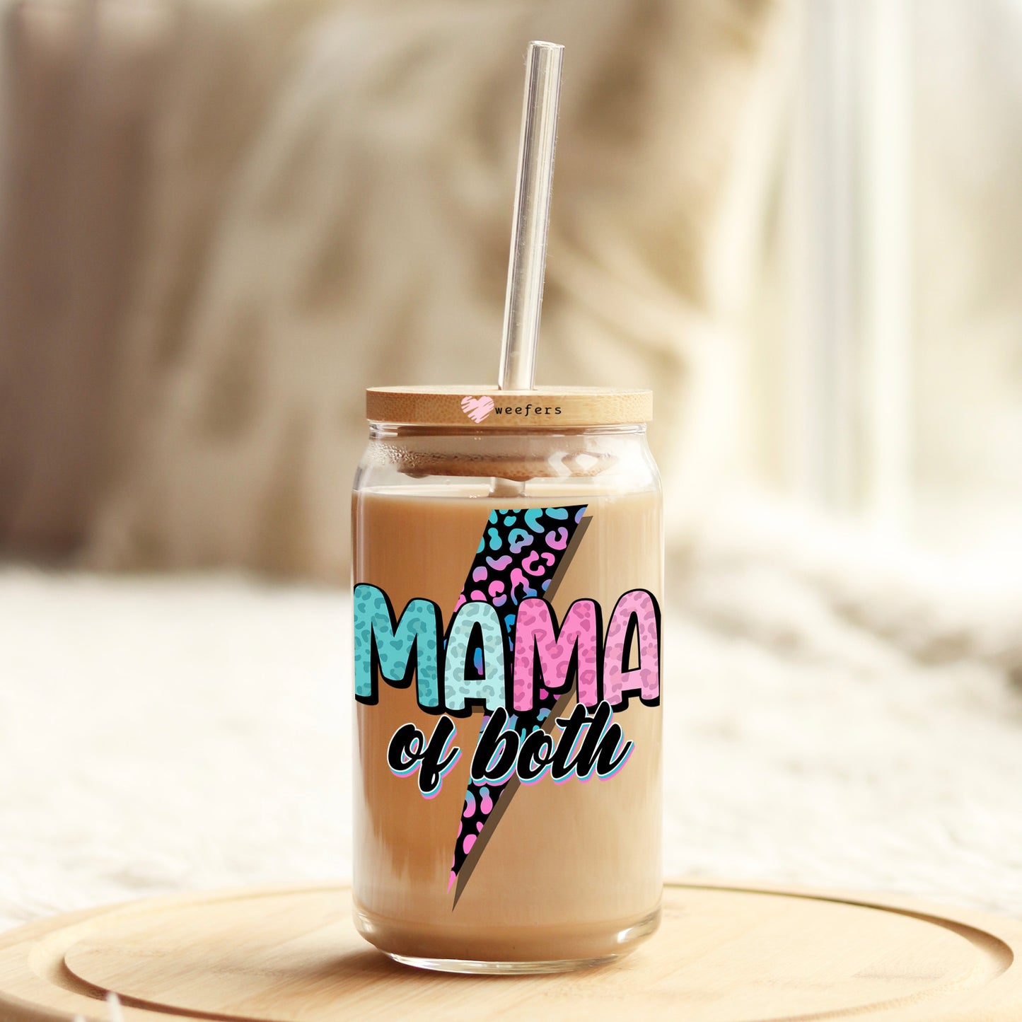 Pink Blue Mama of Both Lightening Bolt 16oz Libbey Glass Can UV DTF or Sublimation Cup Wrap - Decal Transfer Weefers