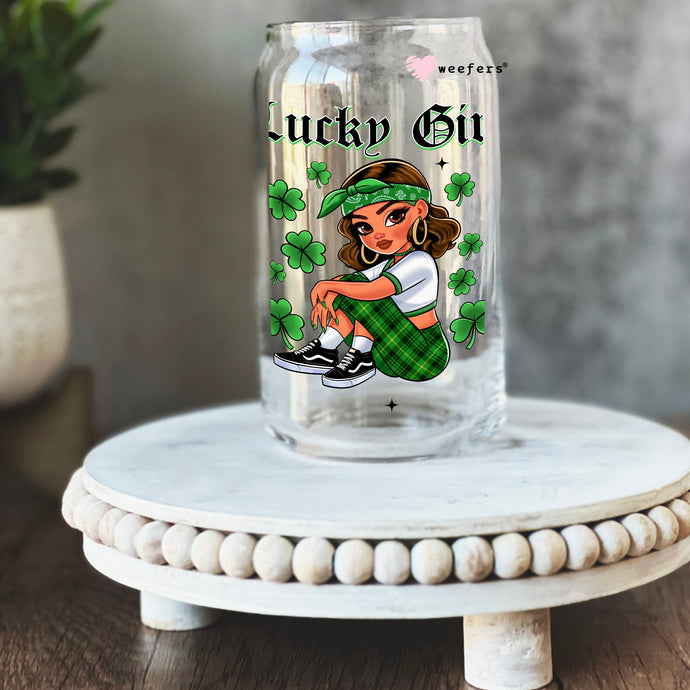 a glass with a picture of a girl on it