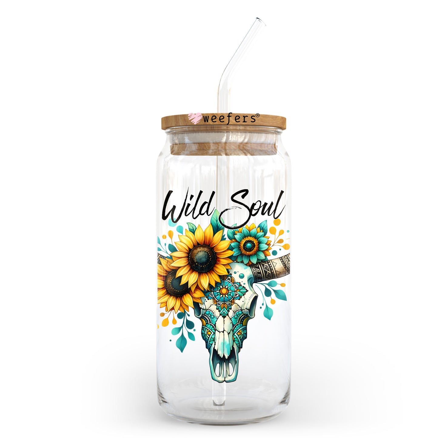 Wild Soul Cow Skull Sunflowers 20oz Libbey Glass Can UV DTF or Sublimation Wrap - Decal Transfer Weefers