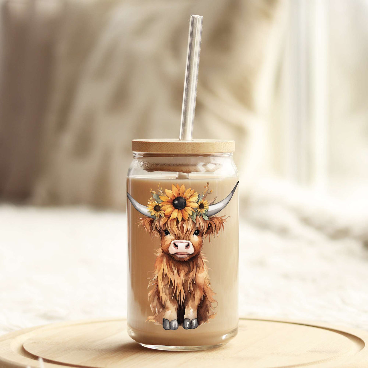 Cute Baby Highland Cow 16oz Libbey Glass Can UV DTF or Sublimation Cup Wrap - Decal Transfer Weefers