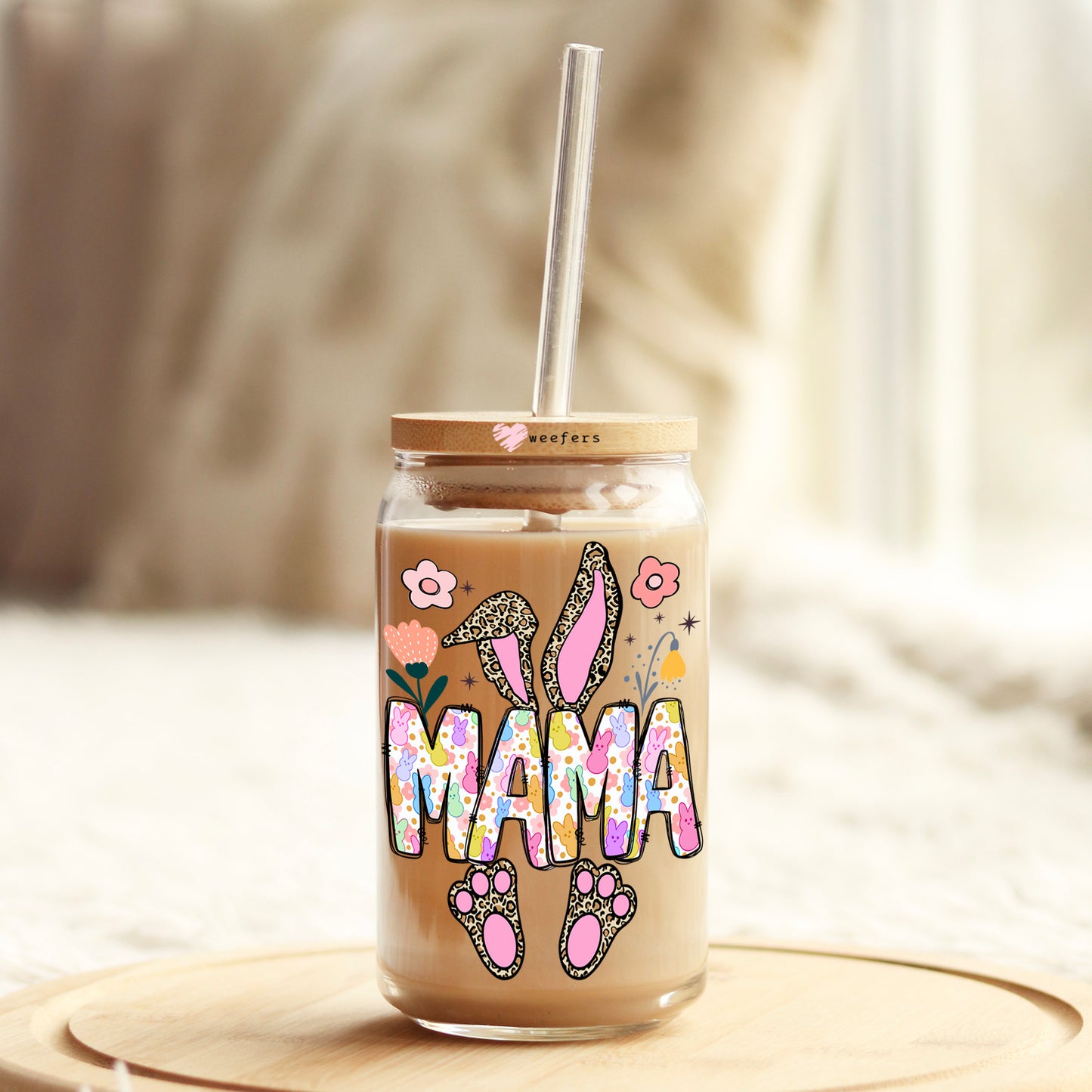 Mama Bunny 16oz Libbey Glass Can UV DTF or Sublimation Cup Wrap - Decal Transfer Weefers