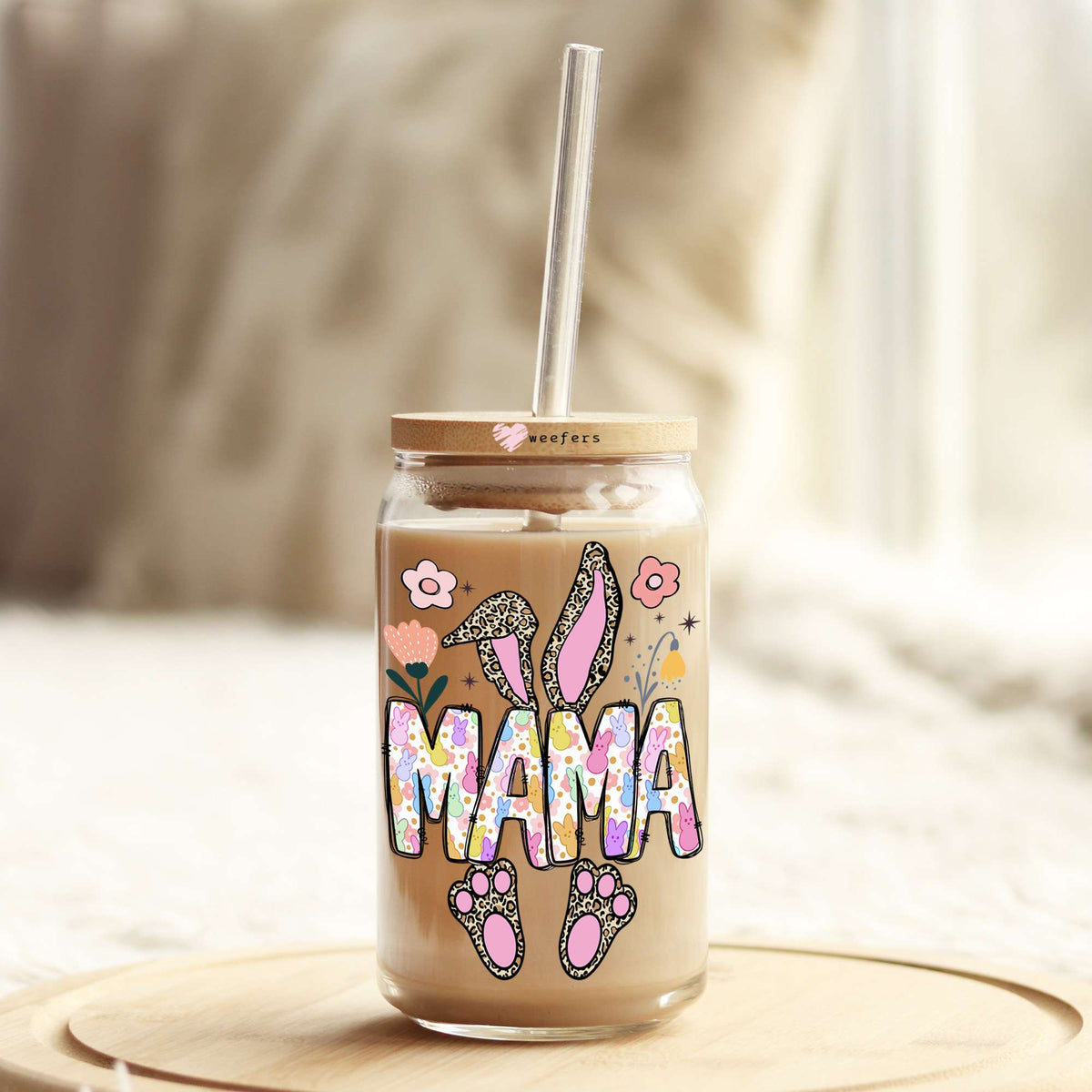 Mama Bunny 16oz Libbey Glass Can UV DTF or Sublimation Cup Wrap - Decal Transfer Weefers