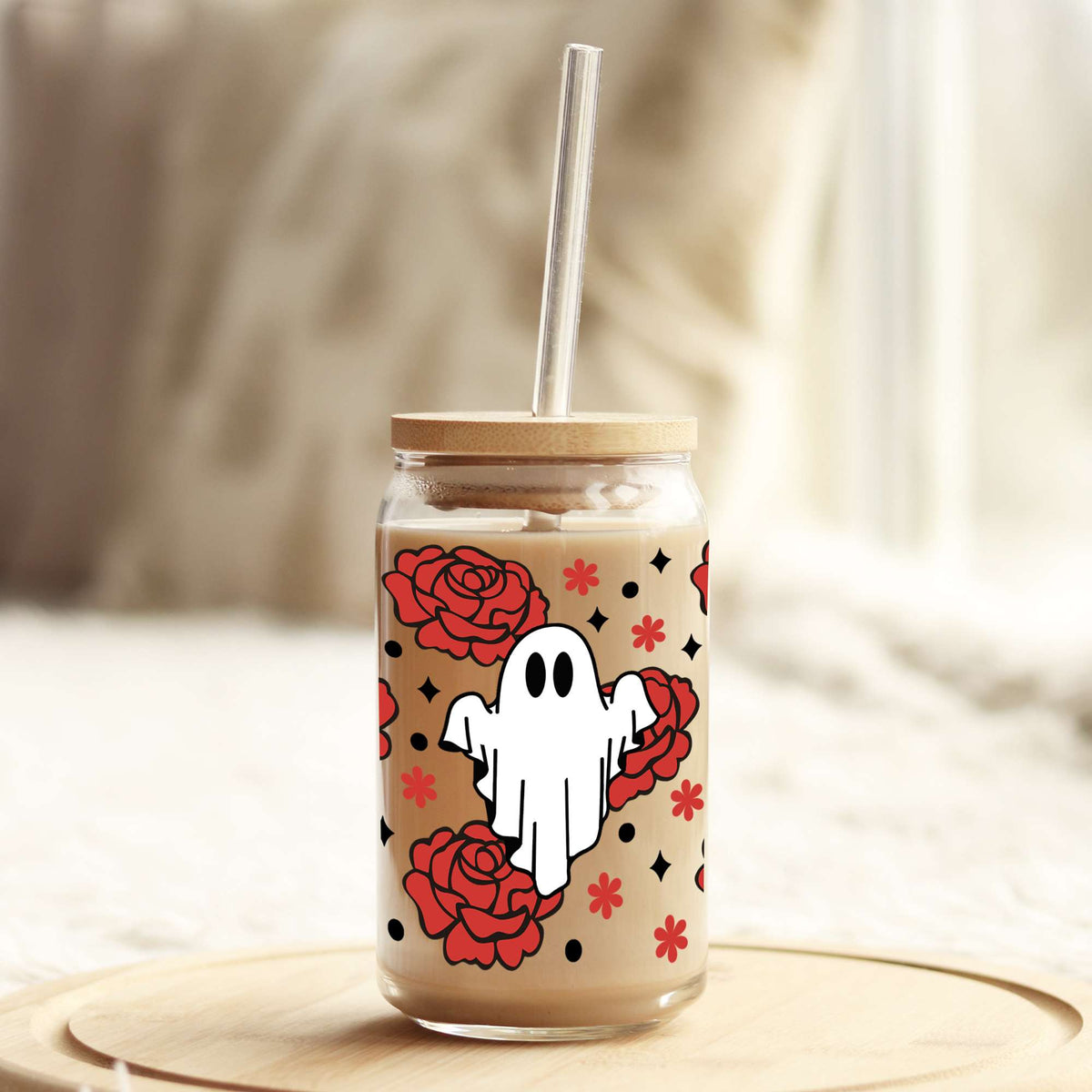Red Roses Ghost Halloween 16oz Libbey Glass Can UV DTF or Sublimation Wrap - Decal Weefers