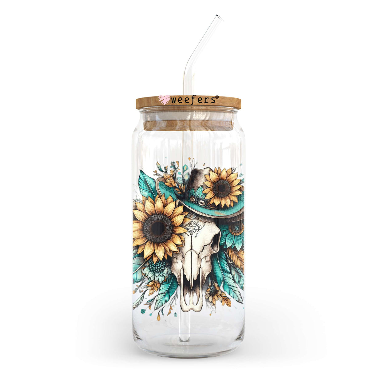 Sunflower Teal Cow Skull 20oz Libbey Glass Can UV DTF or Sublimation Wrap - Decal Transfer Weefers