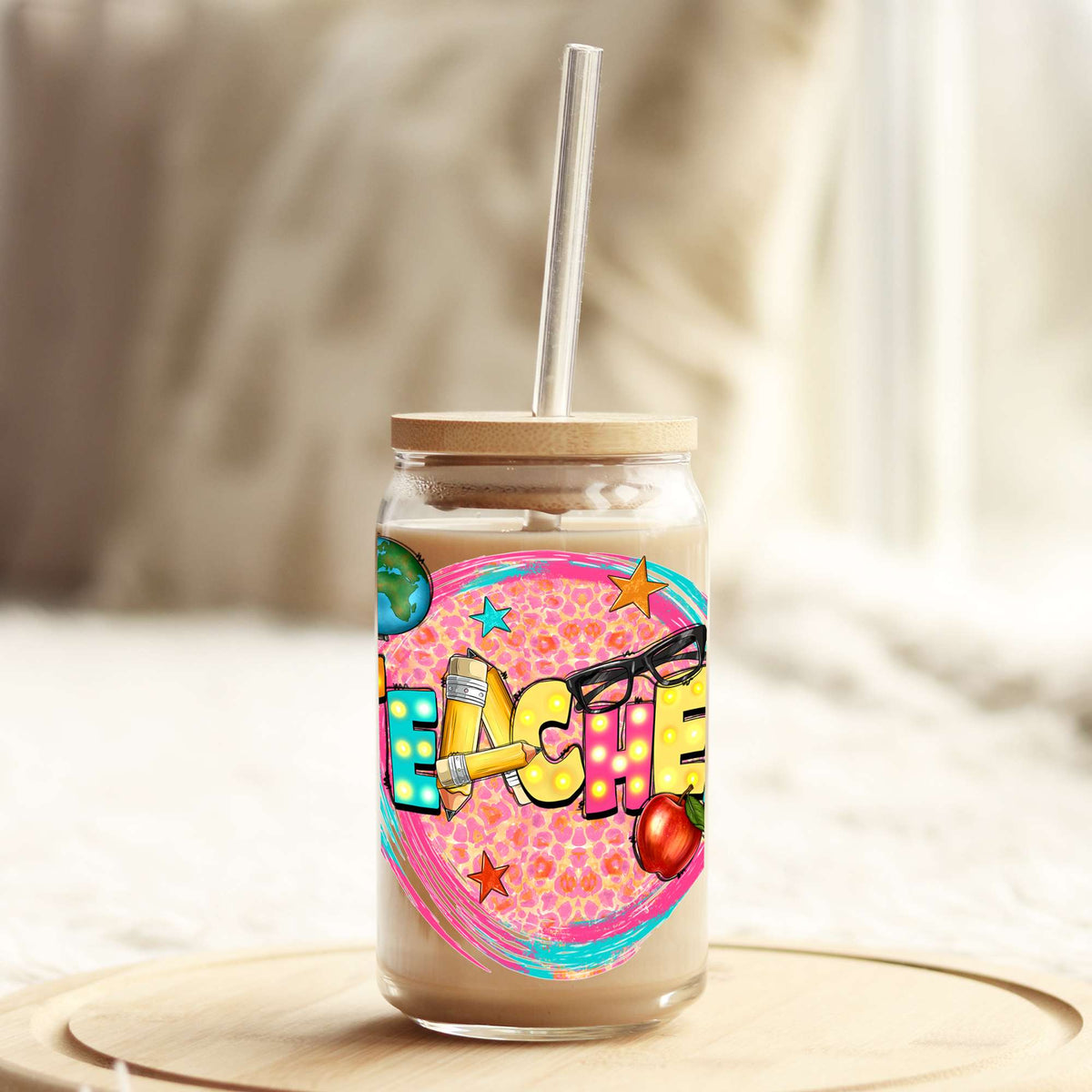 Bright Cheetah Teacher 16oz Libbey Glass Can UV DTF or Sublimation Wrap - Decal Weefers