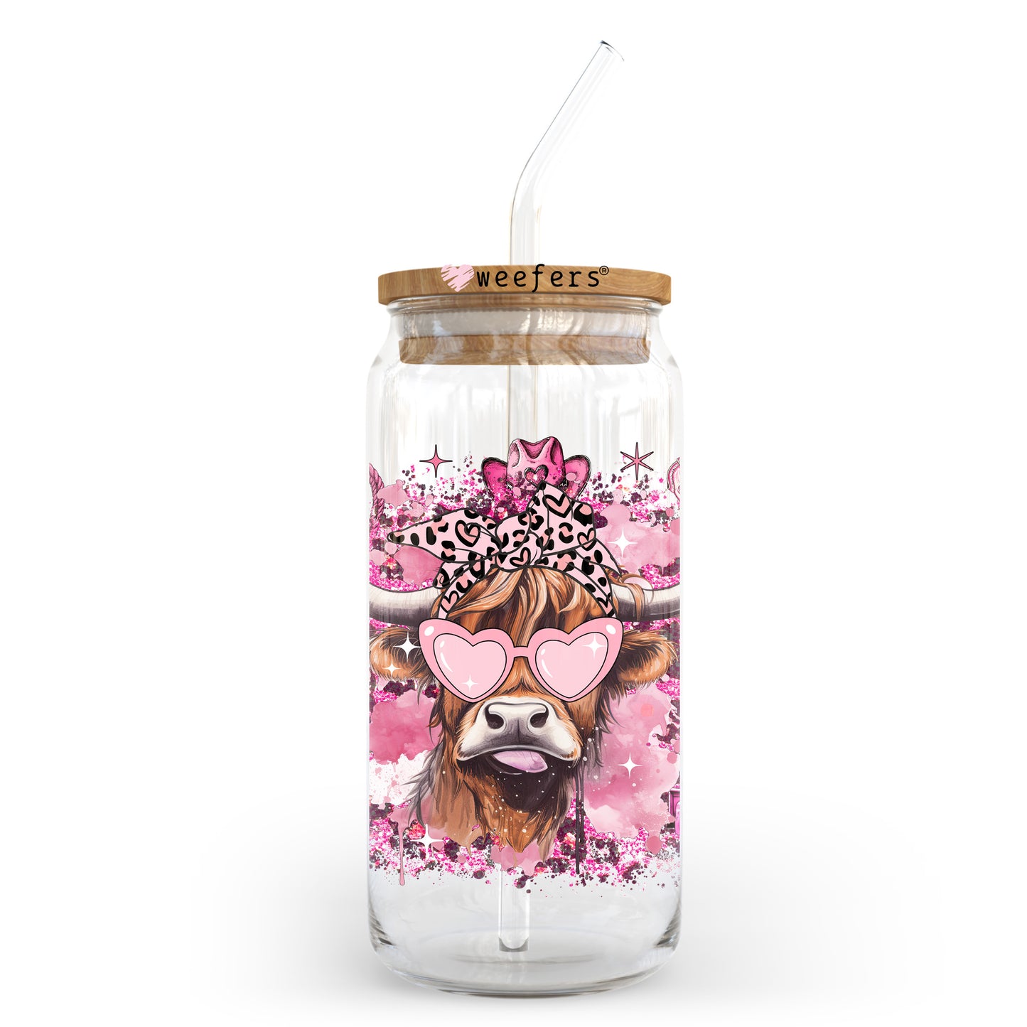 Country Pink Bougee Highland Cow 20oz Libbey Glass Can UV DTF or Sublimation Wrap - Decal Transfer Weefers