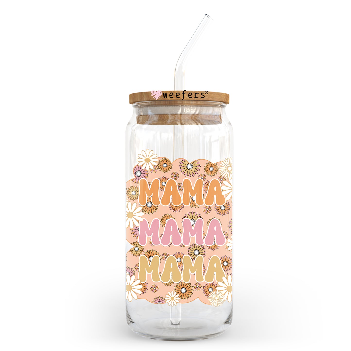 Mama Pink and Orange Flowers 20oz Libbey Glass Can UV DTF or Sublimation Wrap - Decal Transfer Weefers