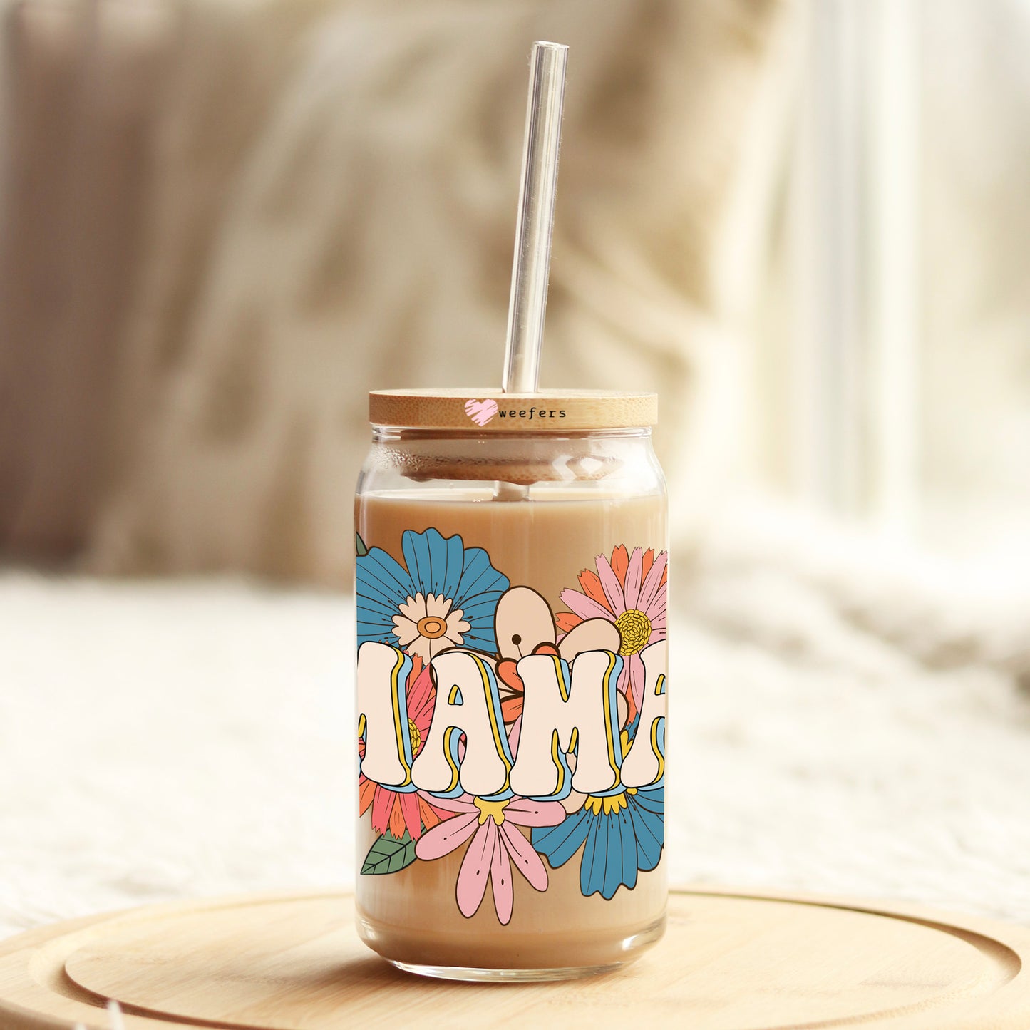 Mama Boho Blues 16oz Libbey Glass Can UV DTF or Sublimation Cup Wrap - Decal Transfer Weefers