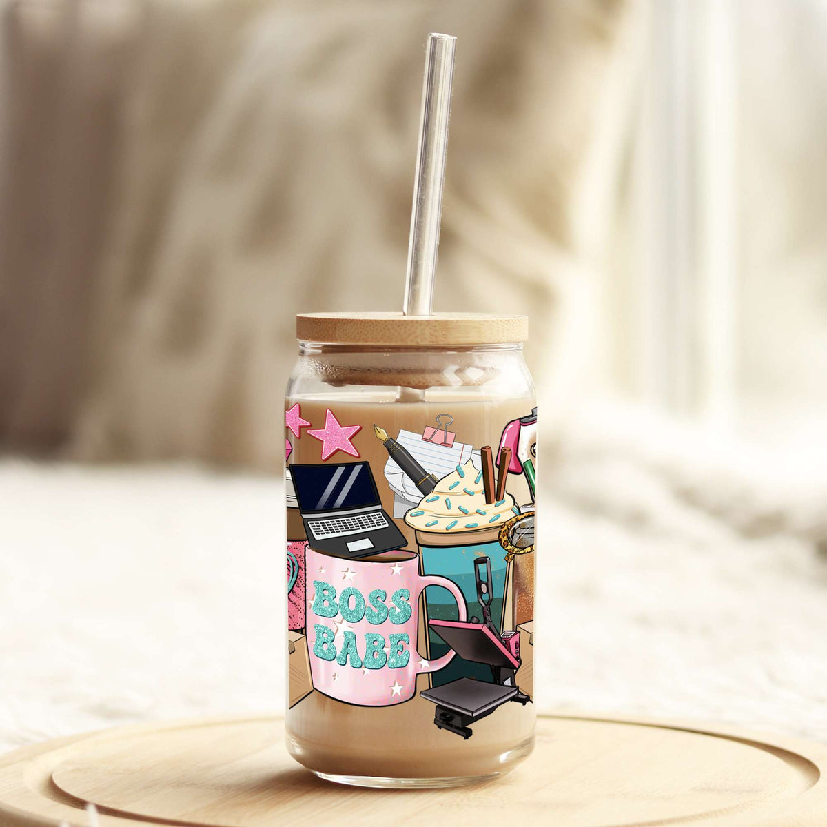 Boss Babe Coffee Latte 16oz Libbey Glass Can UV DTF or Sublimation Wrap - Decal Weefers