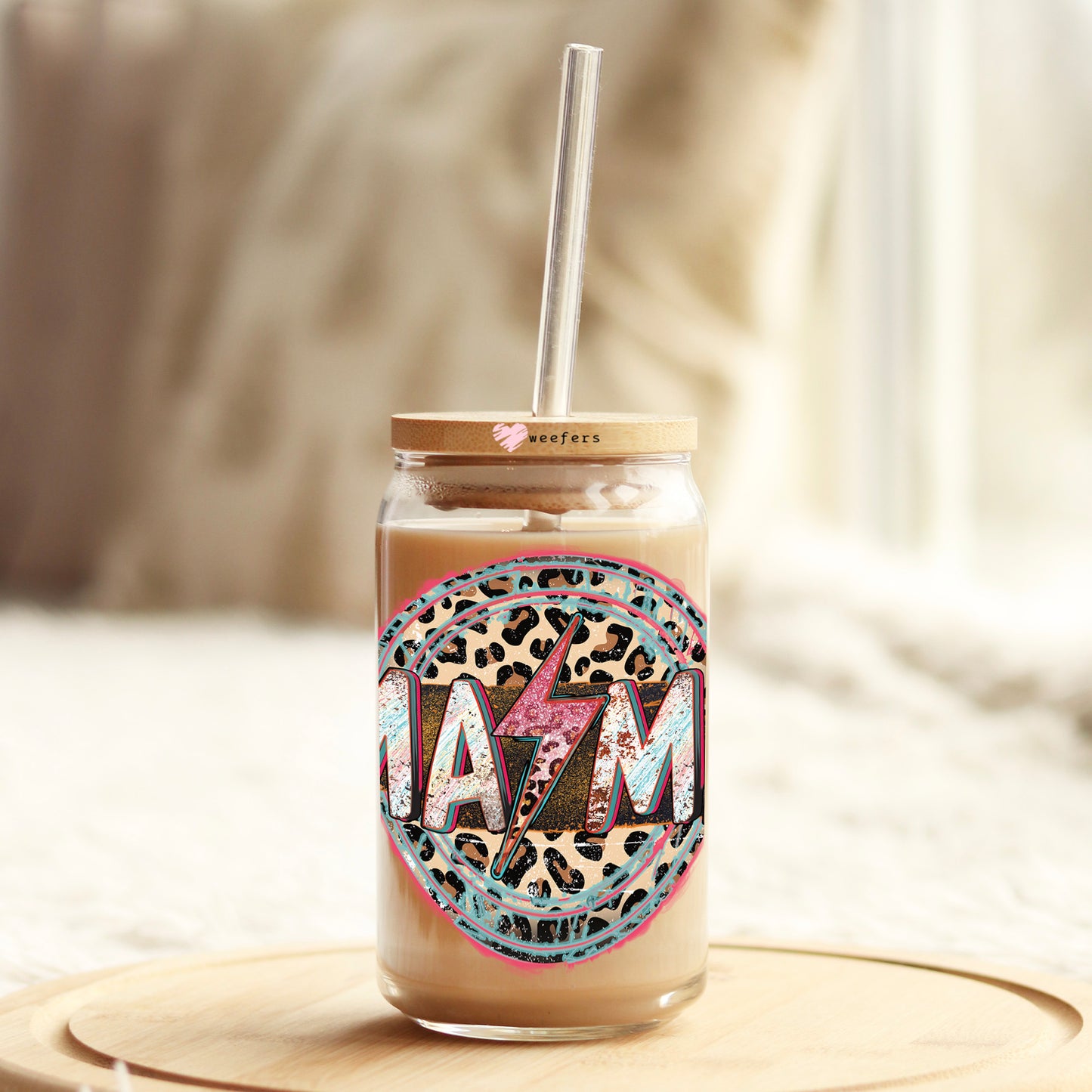 Mama Western Cheetah Lightening Bolt 16oz Libbey Glass Can UV DTF or Sublimation Cup Wrap - Decal Transfer Weefers