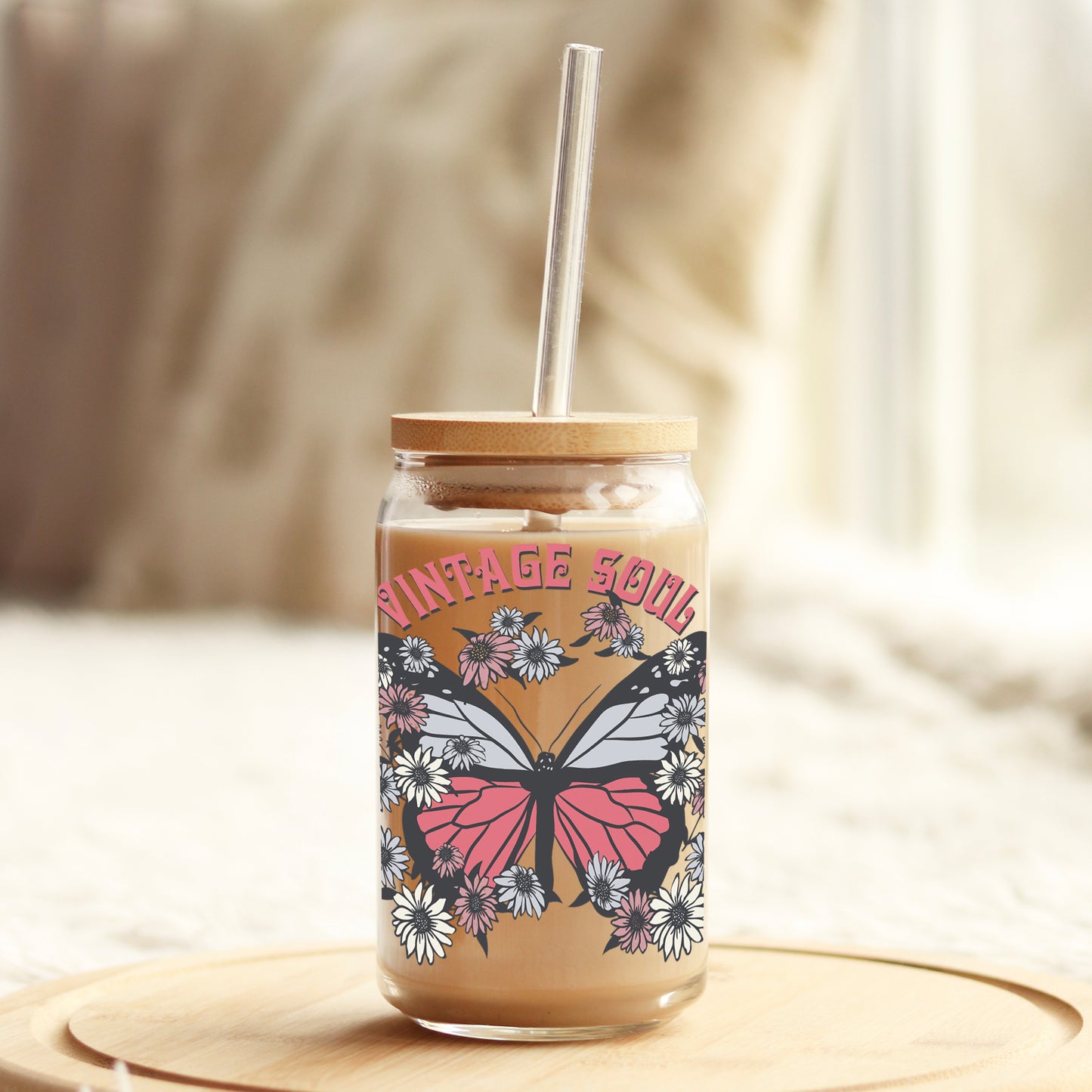 Vintage Soul Butterfly Grey and Pink 16oz Libbey Glass Can UV DTF or Sublimation Cup Wrap - Decal Transfer Weefers