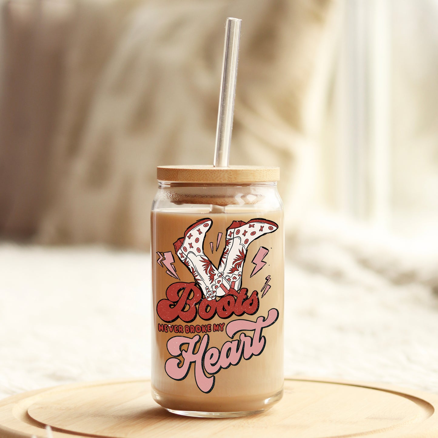 Boots Never Broke My Heart Valentine's Day 16oz Libbey Glass Can UV DTF or Sublimation Cup Wrap - Decal Transfer Weefers