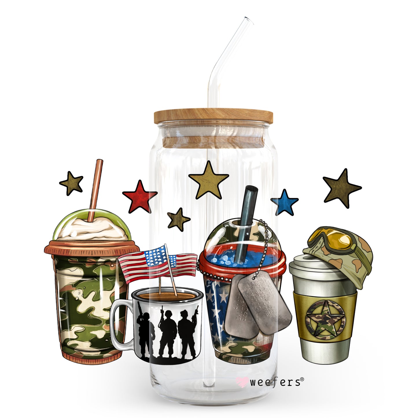 Military Coffee Latte 20oz Libbey Glass Can, 34oz Hip Sip, 40oz Tumbler UV DTF or Sublimation Decal Transfer Weefers