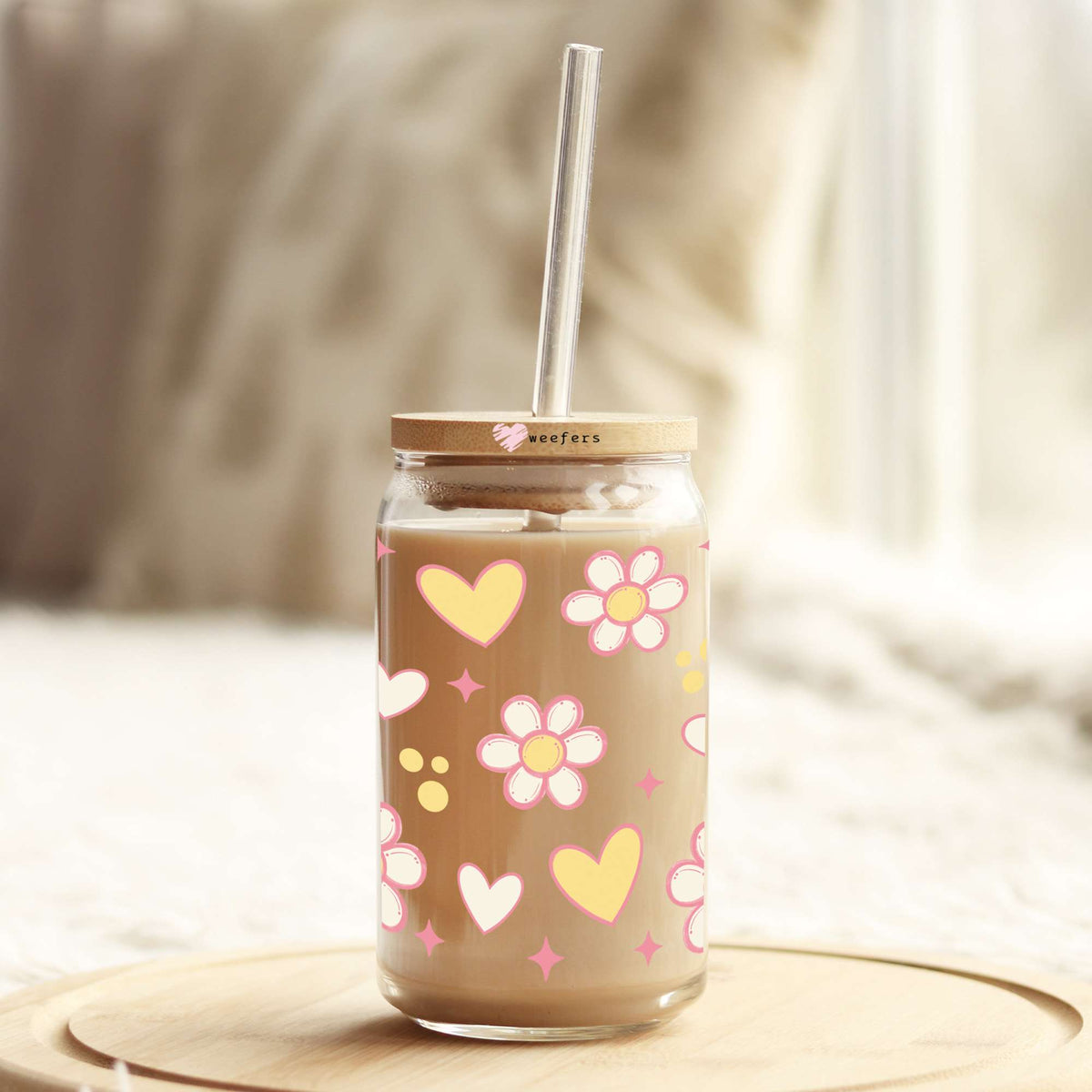 Hearts and Flowers 16oz Libbey Glass Can UV DTF or Sublimation Cup Wrap - Decal Transfer Weefers