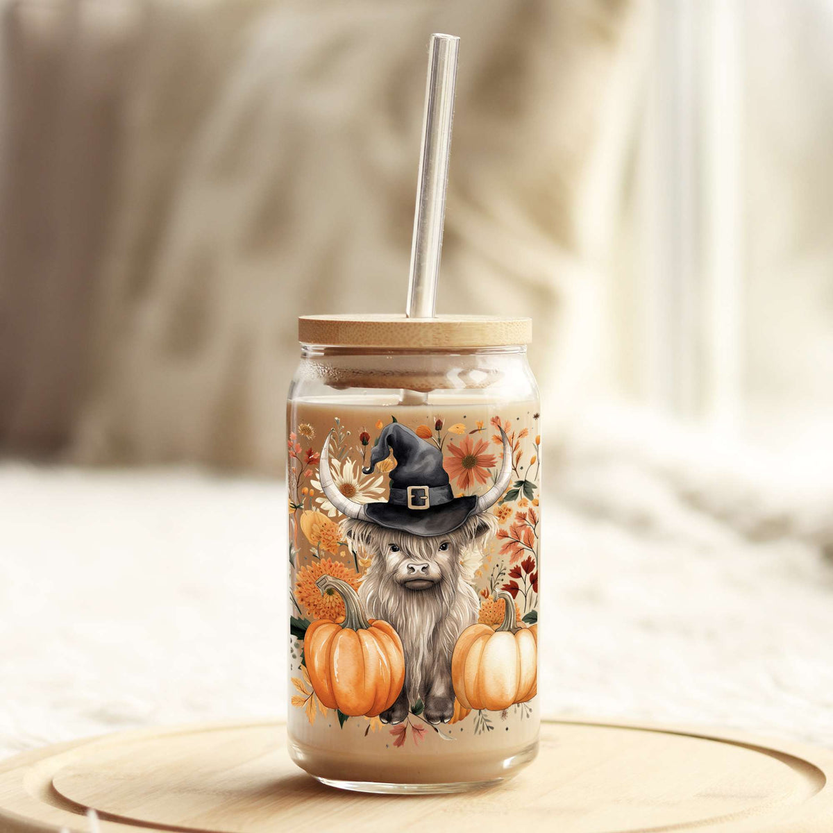 Baby Witch Cow Halloween 16oz Libbey Glass Can UV DTF or Sublimation Wrap - Decal Weefers