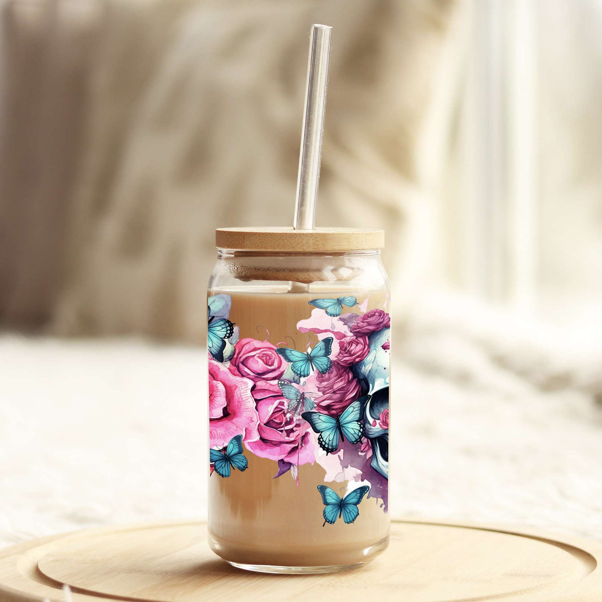 Pink Florals and Skull 16oz Libbey Glass Can UV DTF or Sublimation Wrap - Decal Weefers