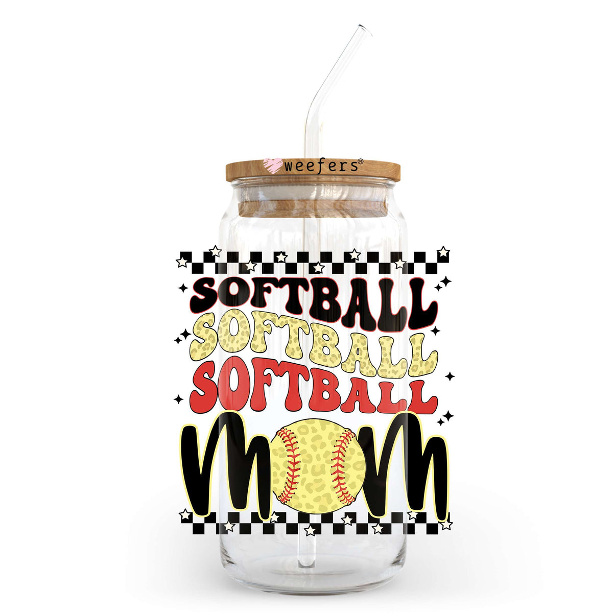 Softball Mom Stacked 20oz Libbey Glass Can UV DTF or Sublimation Wrap - Decal Transfer Weefers