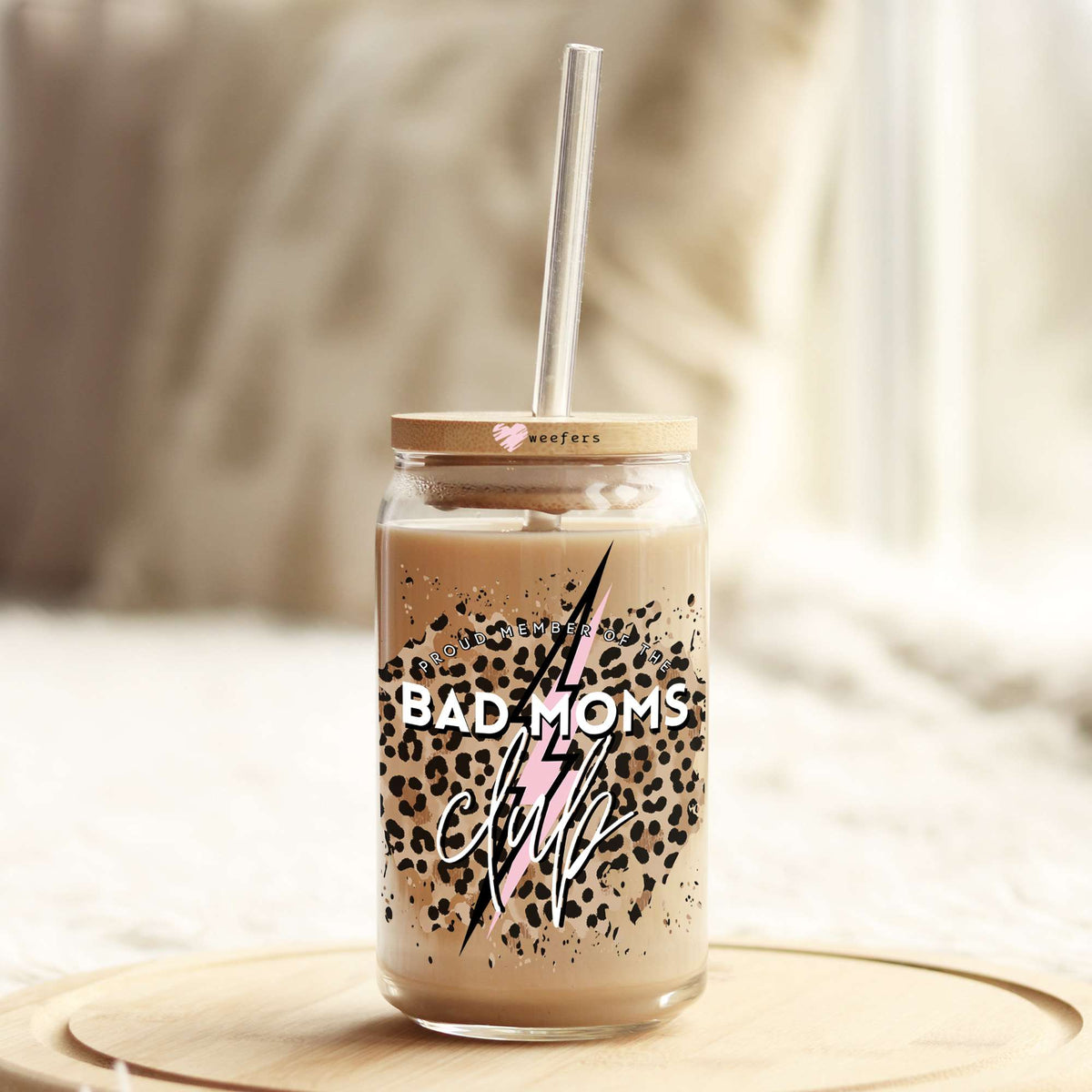 Bad Moms Club Leopard 16oz Libbey Glass Can UV DTF or Sublimation Wrap - Decal Weefers