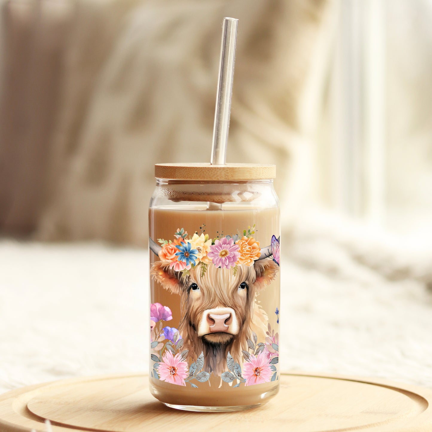 Light Pink Floral Highlander Cow 16oz Libbey Glass Can UV DTF or Sublimation Cup Wrap - Decal Transfer Weefers