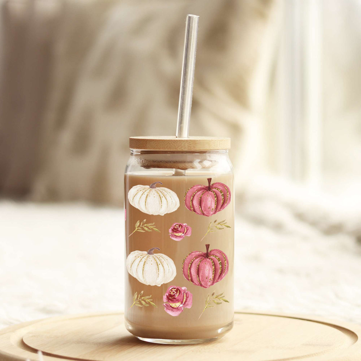 Cream and Autumn Pumpkins 16oz Libbey Glass Can UV DTF or Sublimation Wrap - Decal Weefers