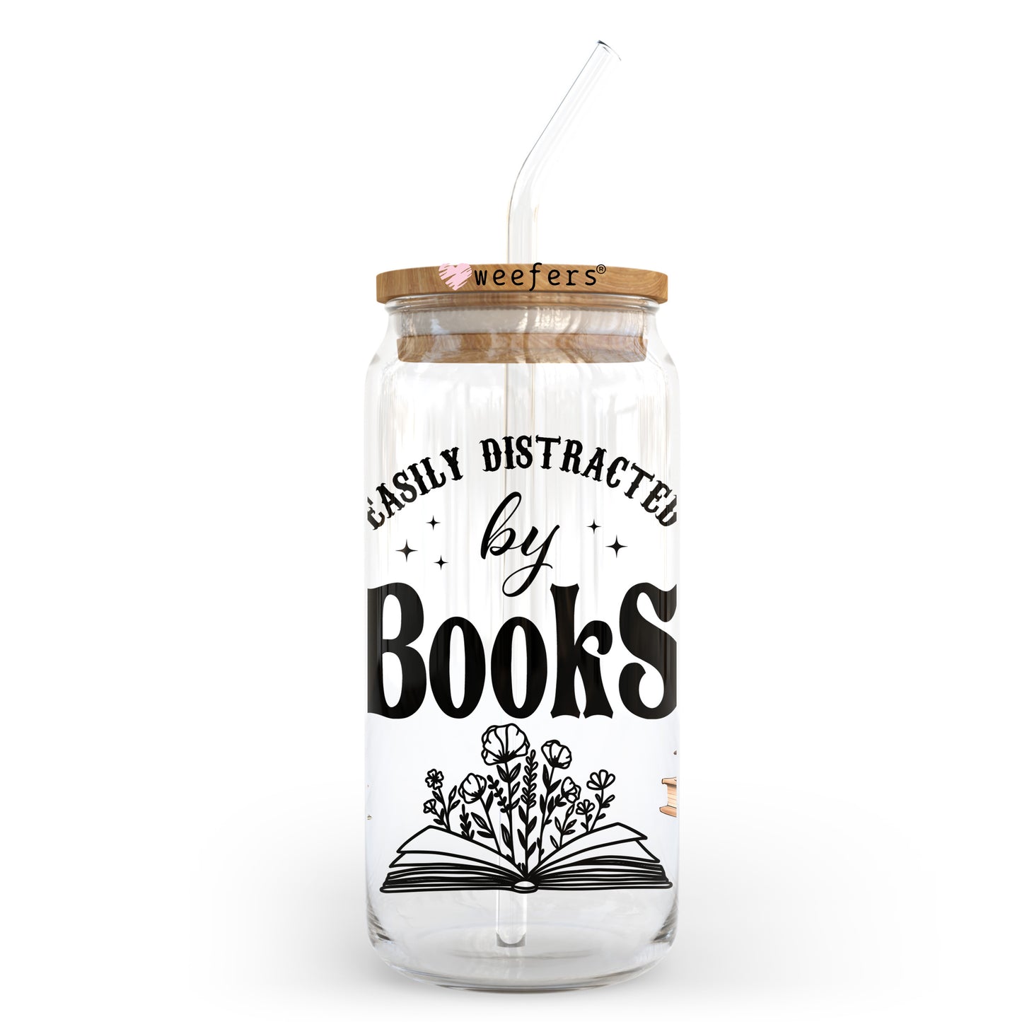 Easily Distracted by Books 20oz Libbey Glass Can UV DTF or Sublimation Wrap - Decal Transfer Weefers