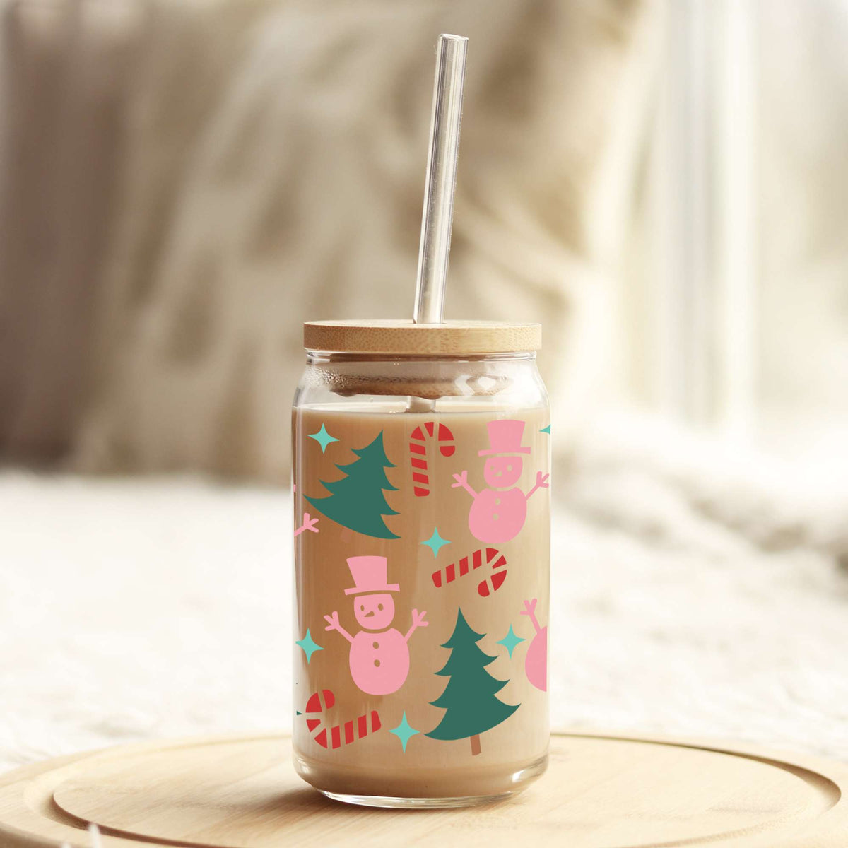 Pink Snowman Christmas 16oz Libbey Glass Can UV DTF or Sublimation Wrap - Decal Weefers