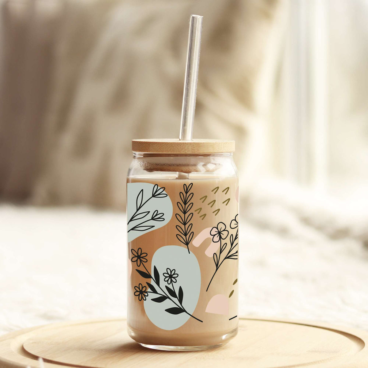 Boho Green and Blush 16oz Libbey Glass Can UV DTF or Sublimation Wrap - Decal Weefers