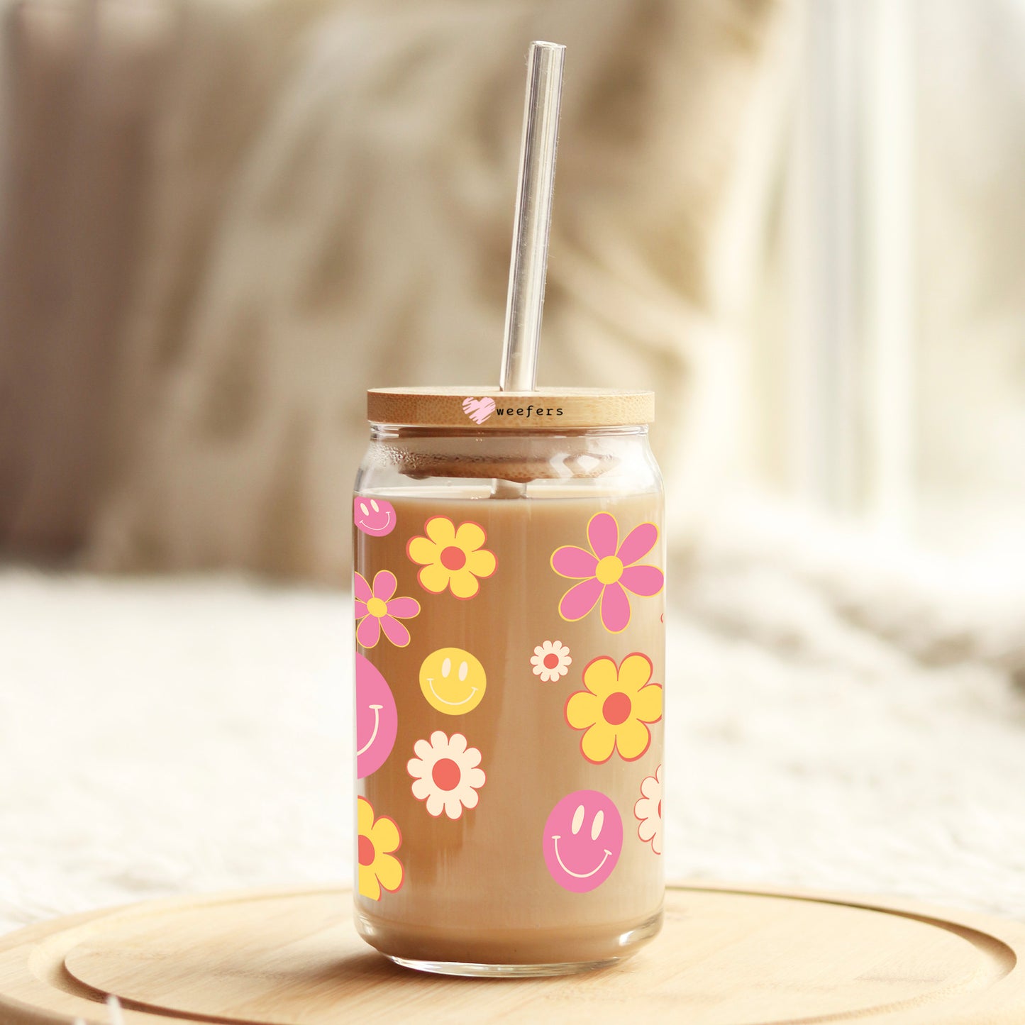 Retro Flowers and Smile Face 16oz Libbey Glass Can UV DTF or Sublimation Cup Wrap - Decal Transfer Weefers