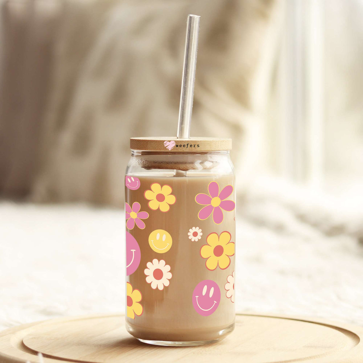 Retro Flowers and Smile Face 16oz Libbey Glass Can UV DTF or Sublimation Cup Wrap - Decal Transfer Weefers