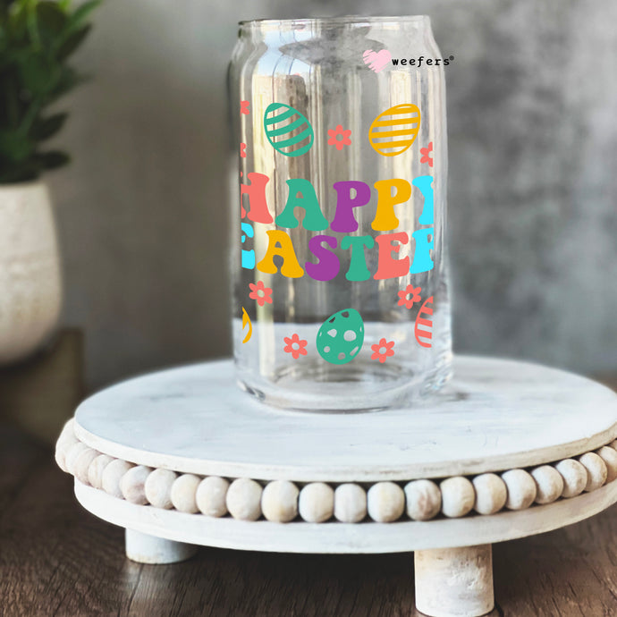 a glass jar with the words happy easter painted on it