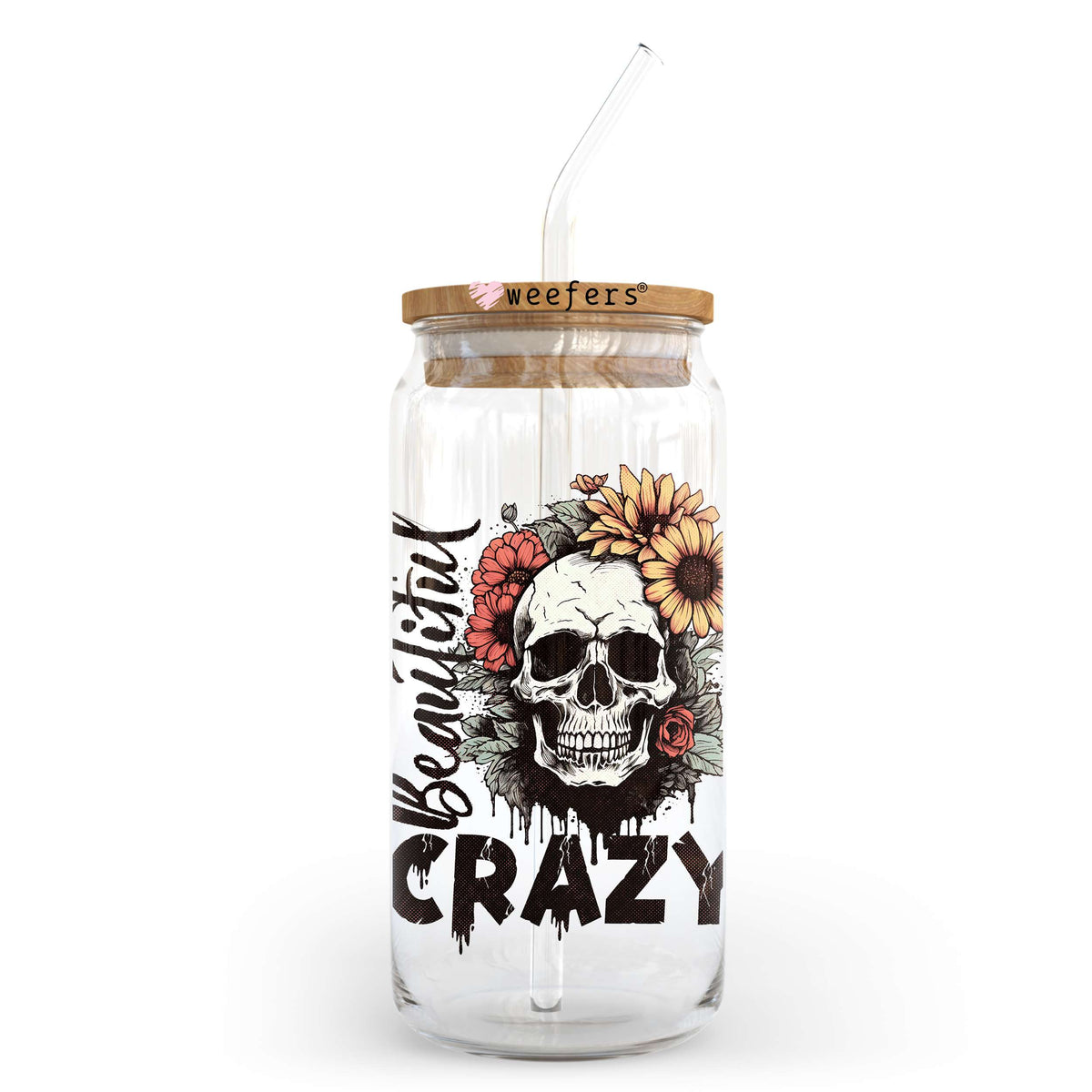 Beautiful Crazy Skull 20oz Libbey Glass Can UV DTF or Sublimation Wrap - Decal Transfer Weefers