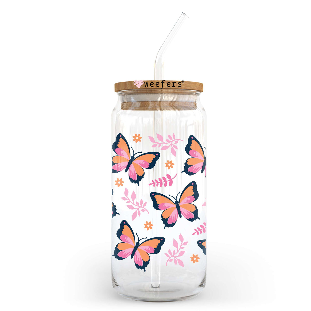 Pink Orange and Black Butterflies 20oz Libbey Glass Can UV DTF or Sublimation Wrap - Decal Transfer Weefers