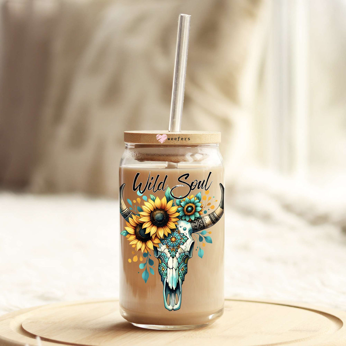 Wild Soul Cow Skull Sunflowers 16oz Libbey Glass Can UV DTF or Sublimation Cup Wrap - Decal Transfer Weefers