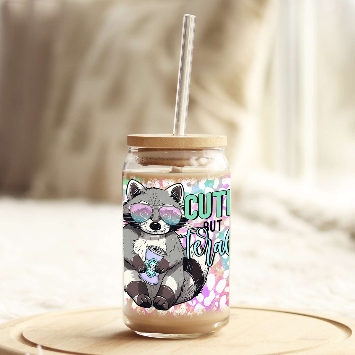 Funny Cute But Feral 16oz Libbey Glass Can UV DTF or Sublimation Wrap - Decal Weefers