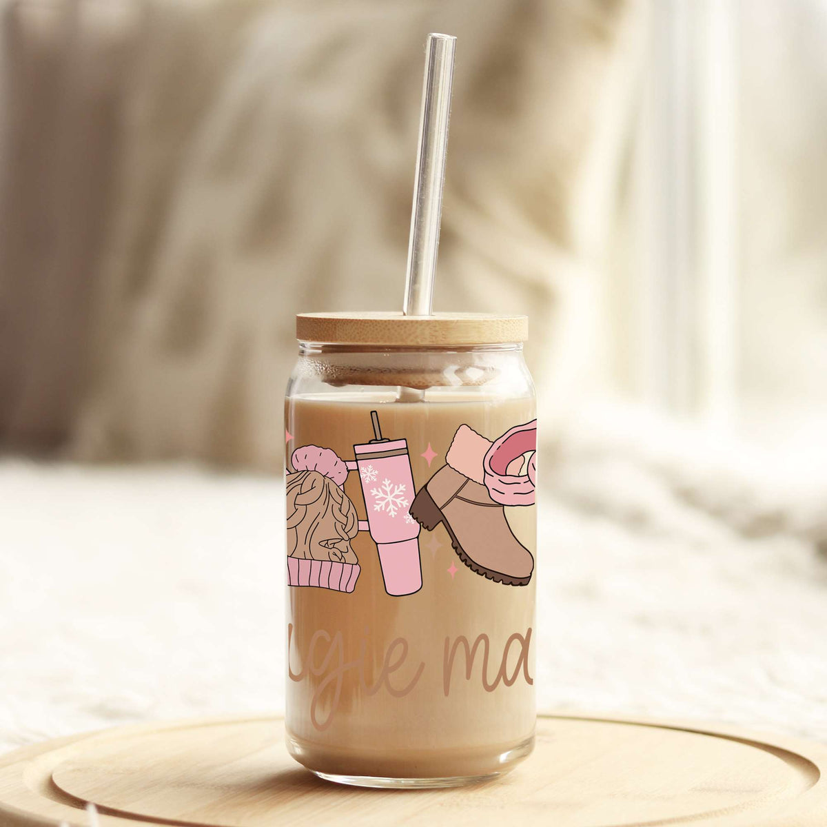 Pink and Brown Bougie Mama 16oz Libbey Glass Can UV DTF or Sublimation Cup Wrap - Decal Transfer Weefers